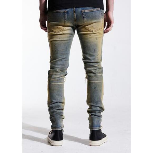 En Noir Men's Clash Sand Wash Rip & Repair Distressed Skinny Fit Denim Jeans - Picture 2 of 8
